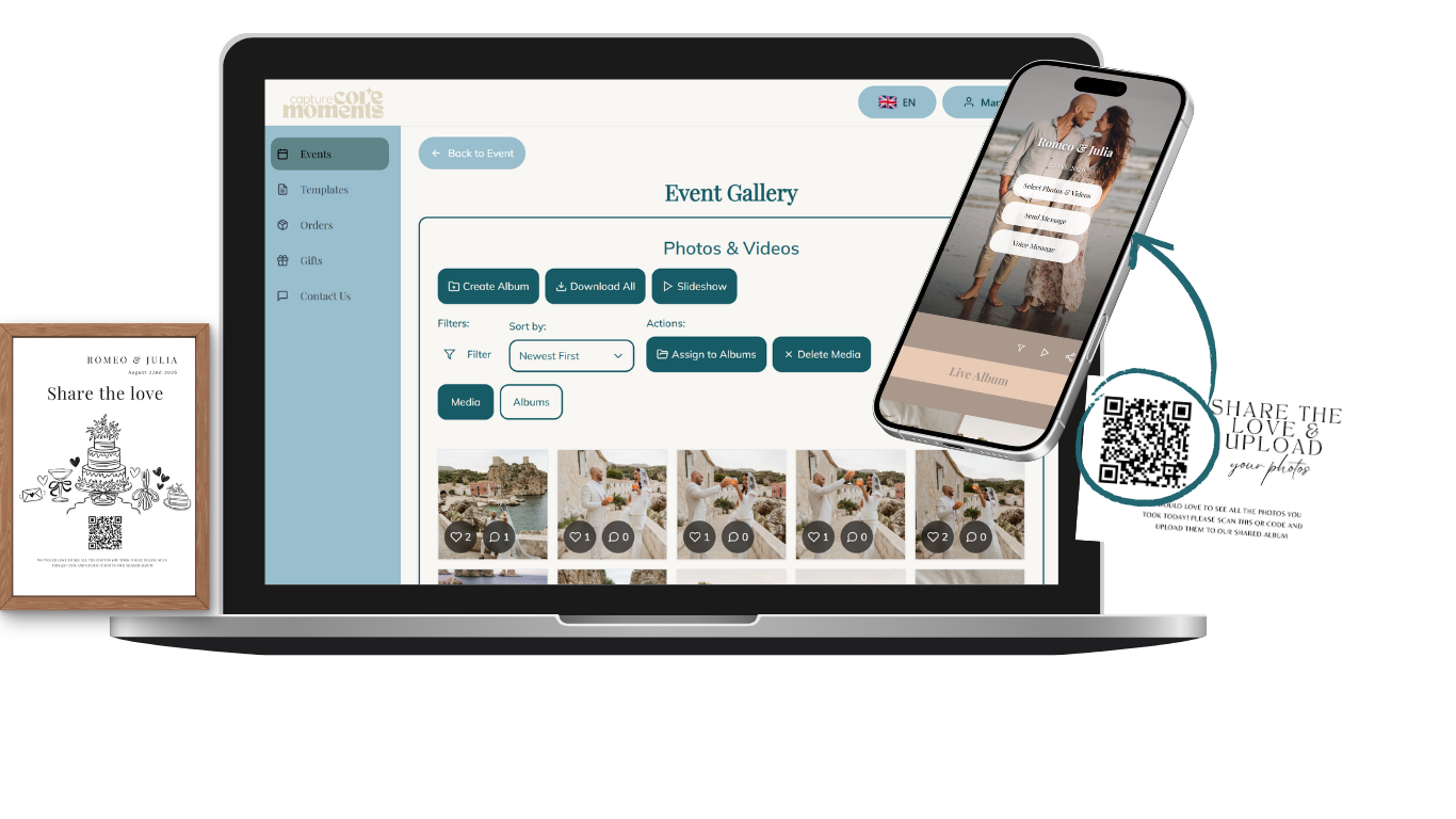 Capture Core Moments app shown on laptop and mobile — event gallery with photo uploads, QR code sharing and printed table cards.