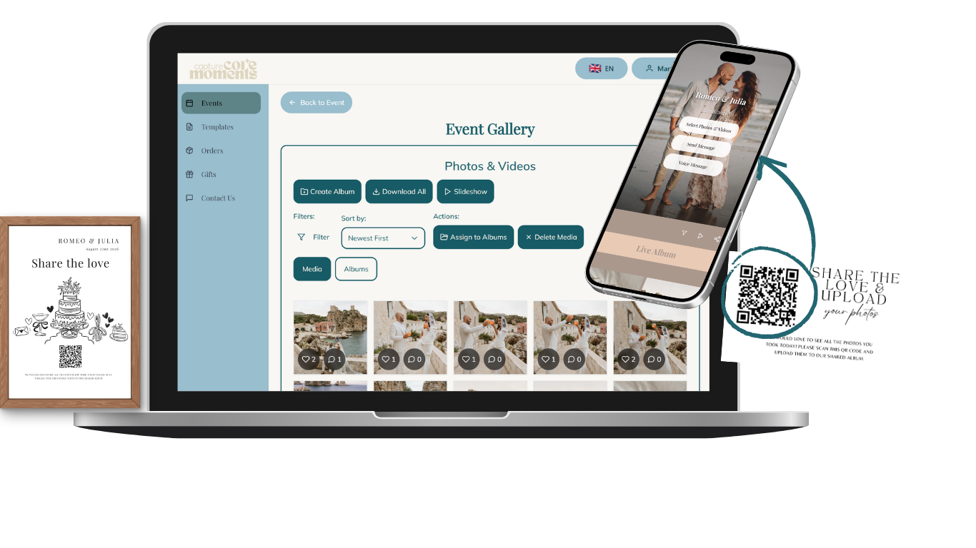Capture Core Moments app shown on laptop and mobile — event gallery with photo uploads, QR code sharing and printed table cards.